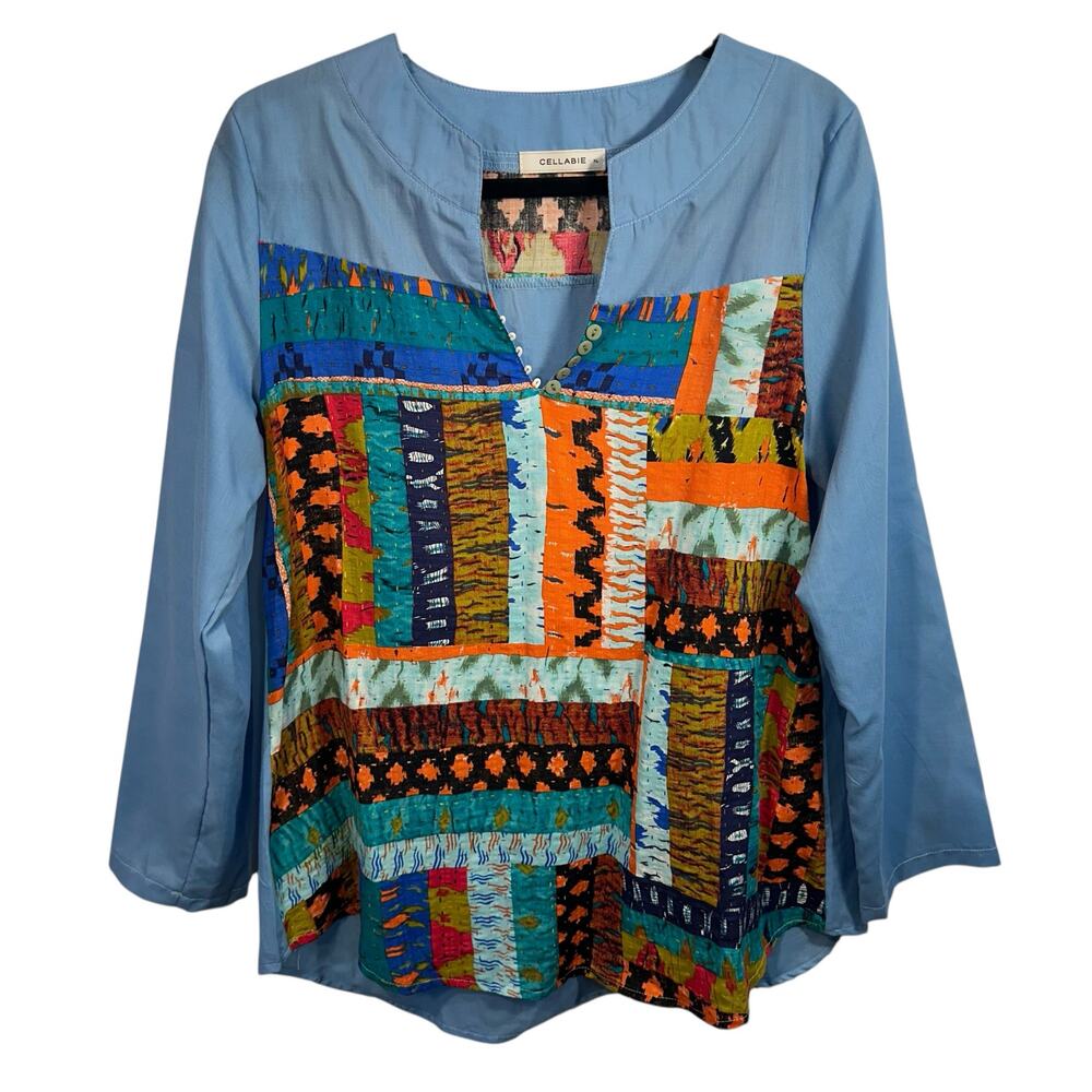 Boho‎ Patchwork Tunic Top L Cellabie Linen Blend Artsy Festival Cottagecore